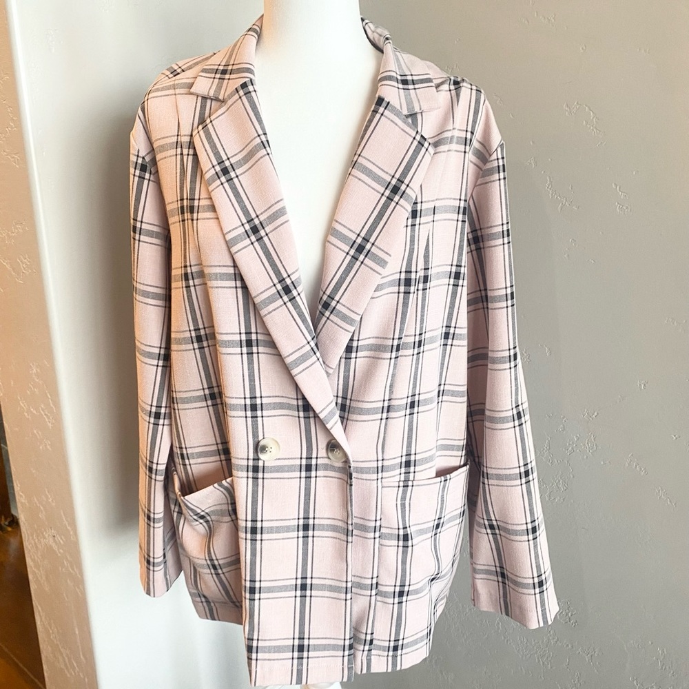 Pink plaid double breasted blazer